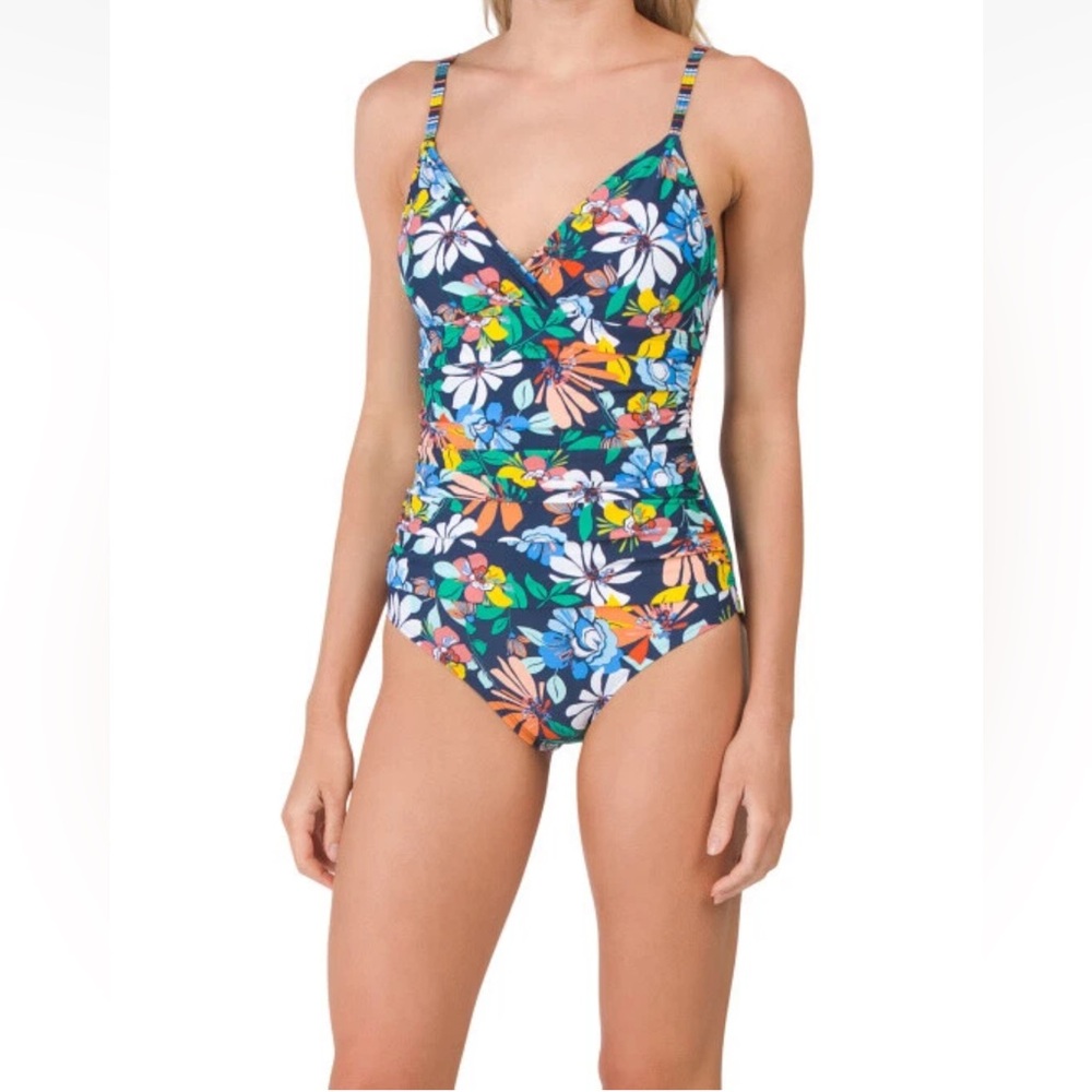 Ellen Tracy Navy & Multicolor Floral Print One Piece Swimsuit Size 10 NWT